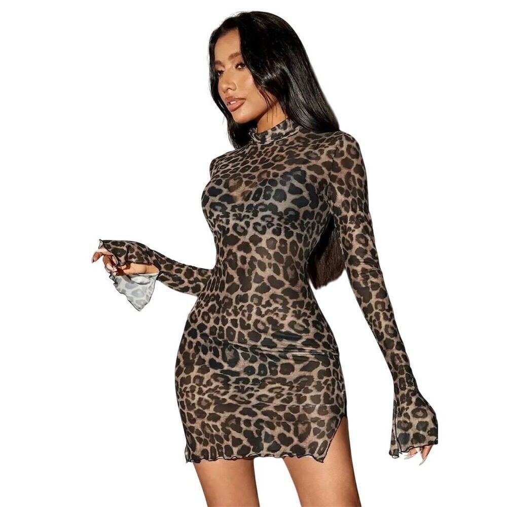 Sexy Y2K XL Leopard Print Sheer Mesh Mini Dress Clubwear Party Cocktail Stretch